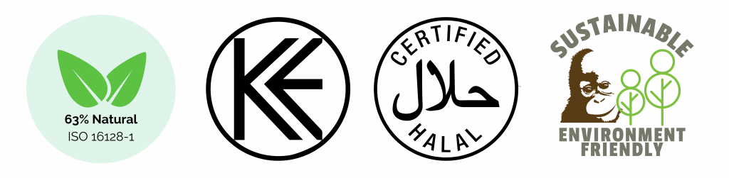 63% Natural, Kosher, Halal, Sustainable certification logos